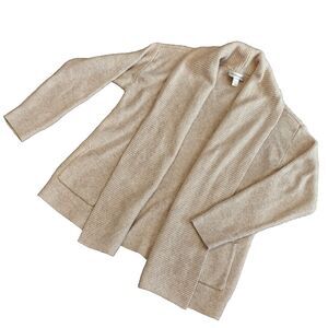 CHRISTOPHER & BANKS Cardigan Size L Soft Ribbed Open Front Pockets Oatmeal Tan